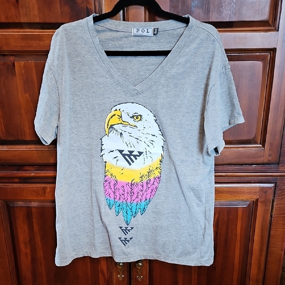 POL Gray V-Neck T-Shirt with Eagle Graphic, SZ L, NWOT! - Picture 2 of 5